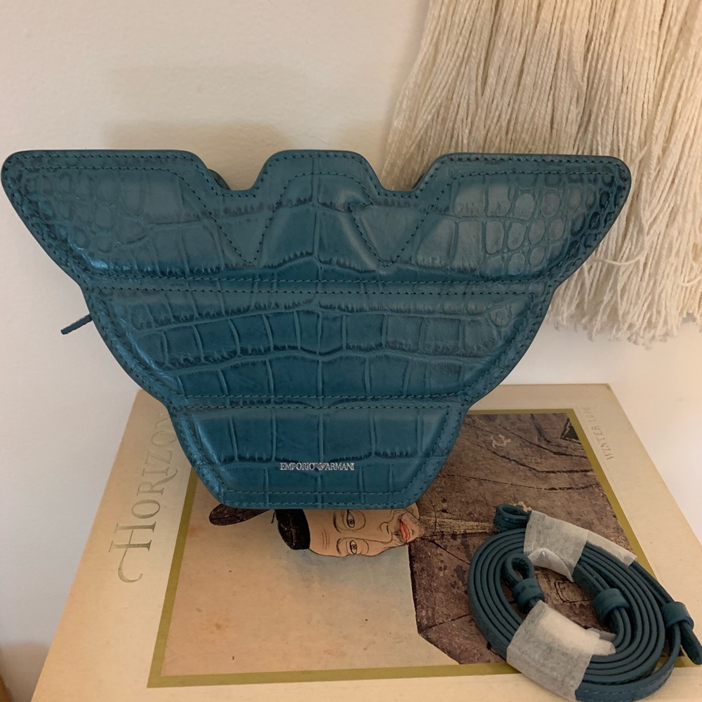 Emporio Armani Teal Croc-Embossed Leather Winged Crossbody